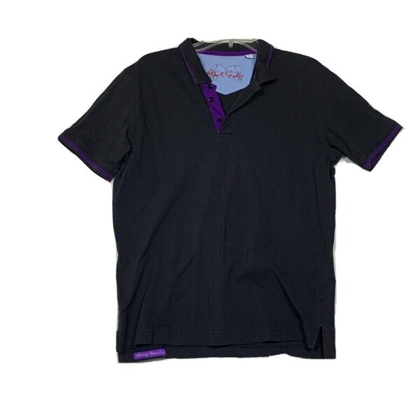 Robert Graham Shirt Mens Medium Black Polo Purple Trim 3 button Short Sleeve - Picture 1 of 9